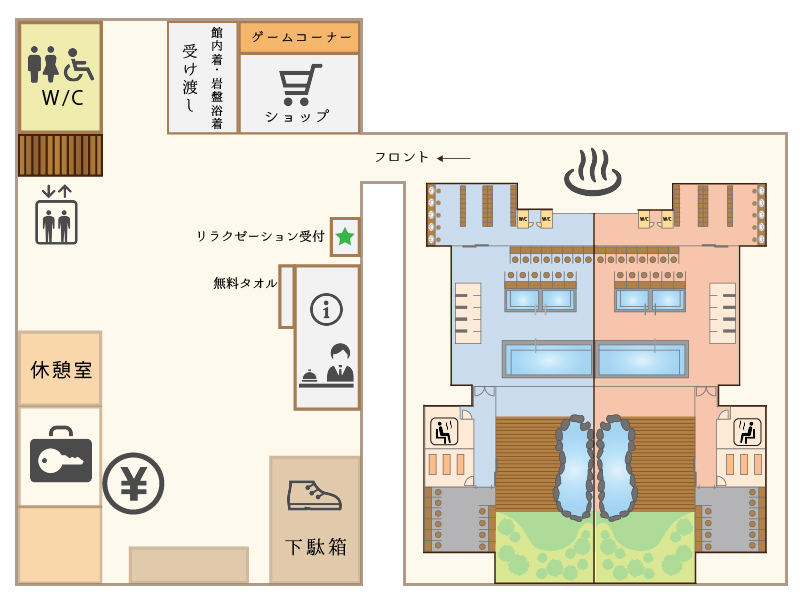 1st floor (front desk, large public bath, valuables locker, shop, checkout machine, rest room of rest (resting room))