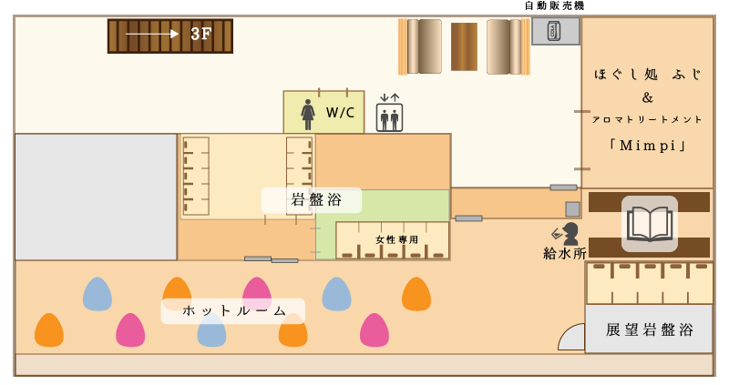 4樓（觀察基岩浴，基岩浴，熱室，卡通區，Hogushi-no-ji Fuji，芳香處理“Mimpi”）